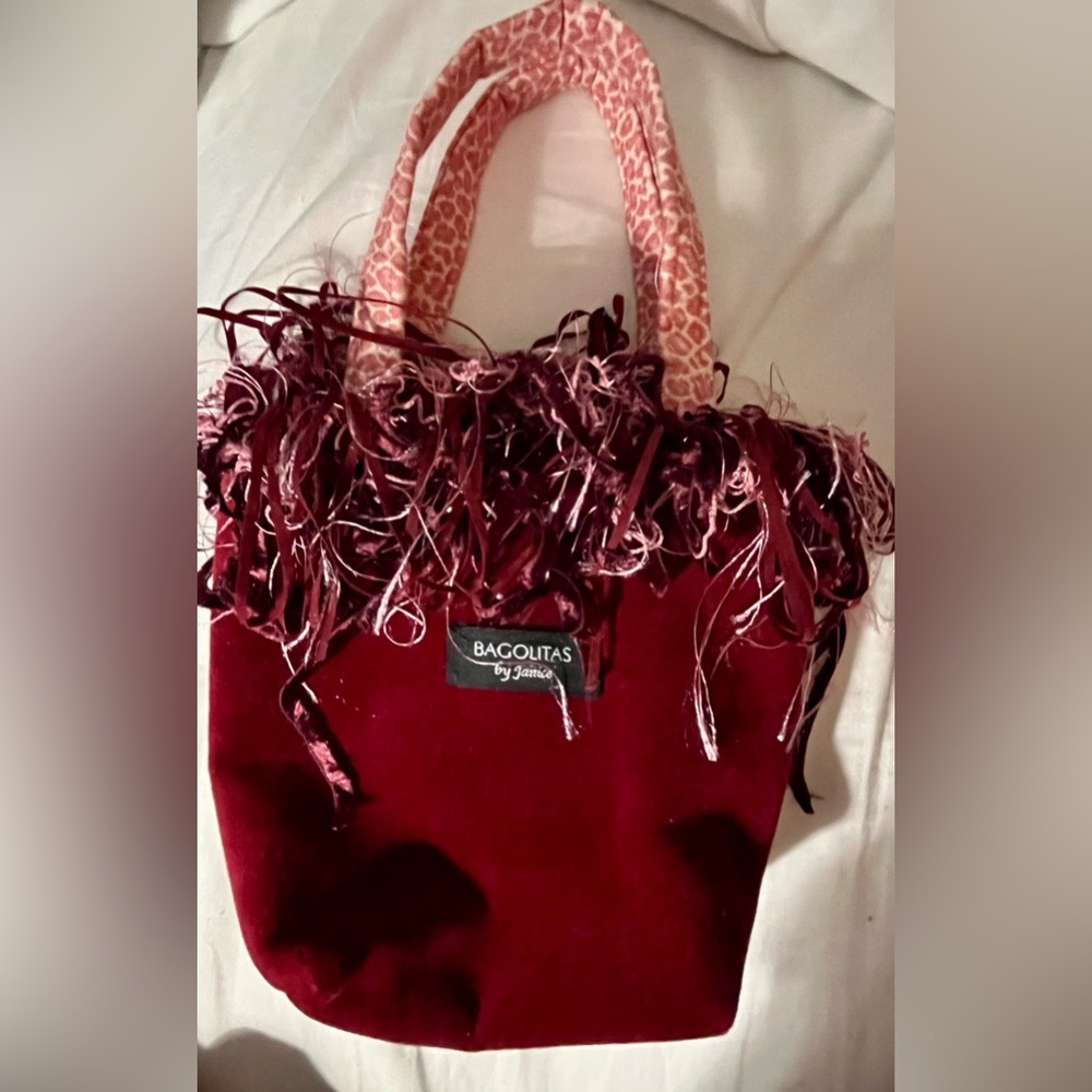 Bagolitas By Janice Red Suede Bag With Suede & Silk Trim & Animal Print Handles